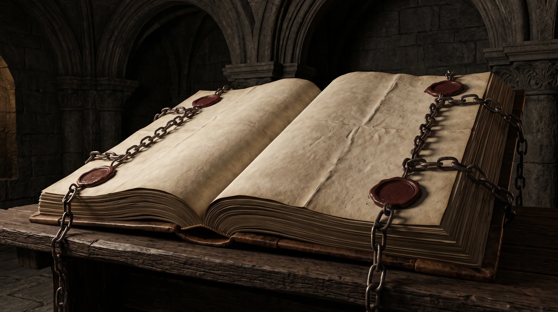 Open parchment ledger with red ink tallies and wax seals